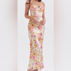 House of CB NWOT Josefina Ivory Floral Satin Maxi Dress Gown Sz M A-C cup